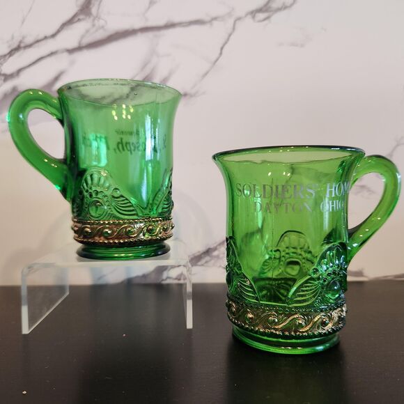 EAPG Antique Green Glass Mugs Colorado Lacy Medallion Gold Set 2 Souvenir MI OH - Picture 1 of 10